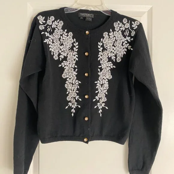 Karen Kane Lifestyle Black Wool Beaded Cardigan Sweater Vintage Style, Size S - Picture 2 of 6